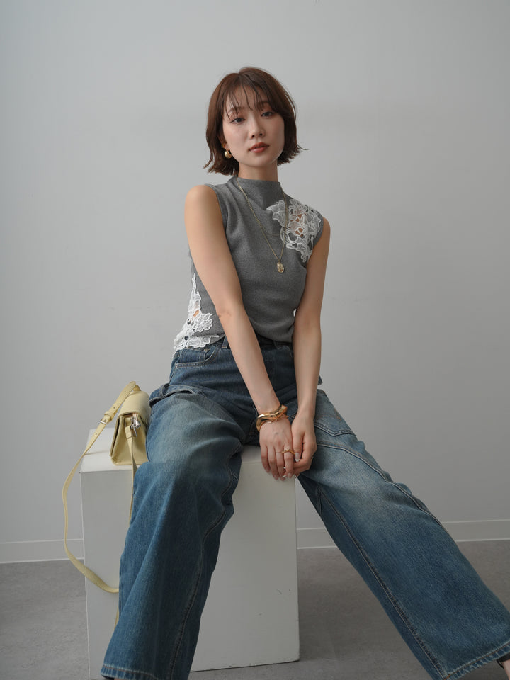 【套裝】側邊蕾絲無袖仿針織上衣+修身牛仔褲（兩件式）
