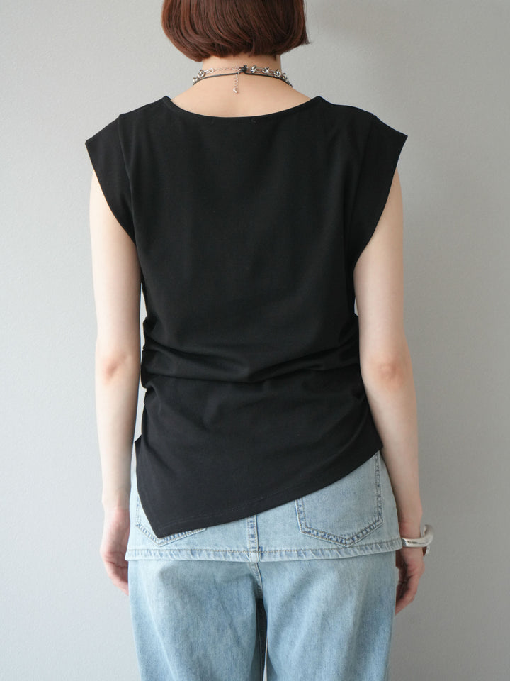 [予約]サイドギャザーTシャツ＆巾着レザーネックレスSET /ブラック