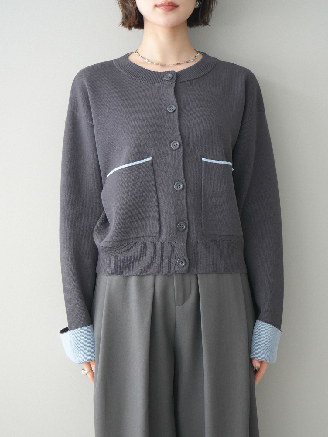 [予約]レーヨンポリダブルフェイスニットカーディガン/charcoal