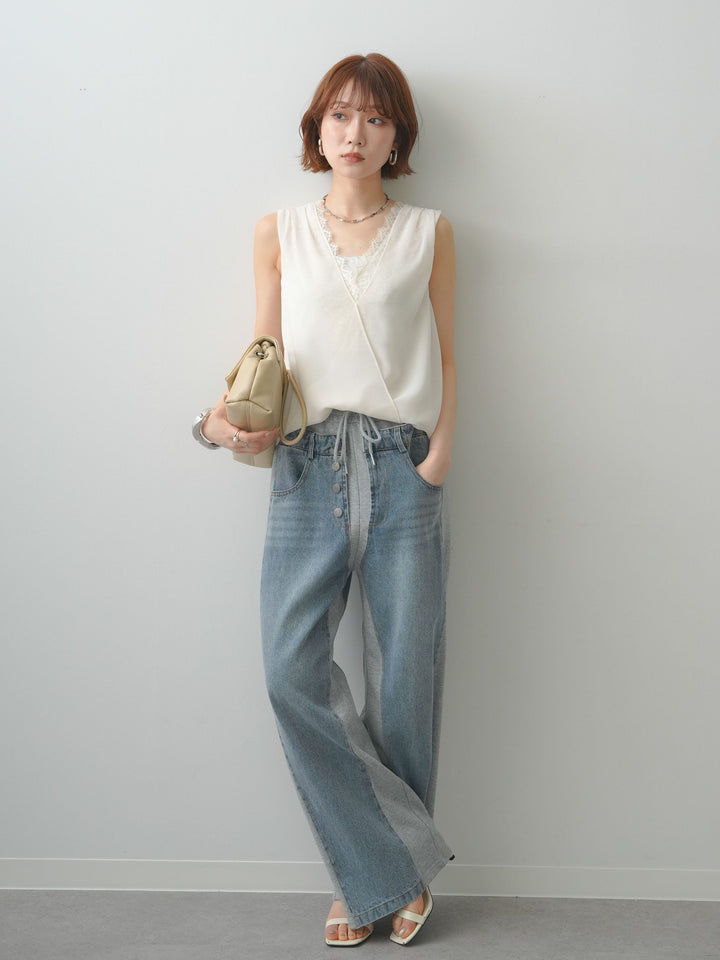 [SET]シフォンレースレイヤードノースリブラウス+デニム切替スウェットパンツ(2set)