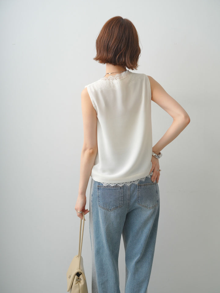 [SET]シフォンレースレイヤードノースリブラウス+デニム切替スウェットパンツ(2set)