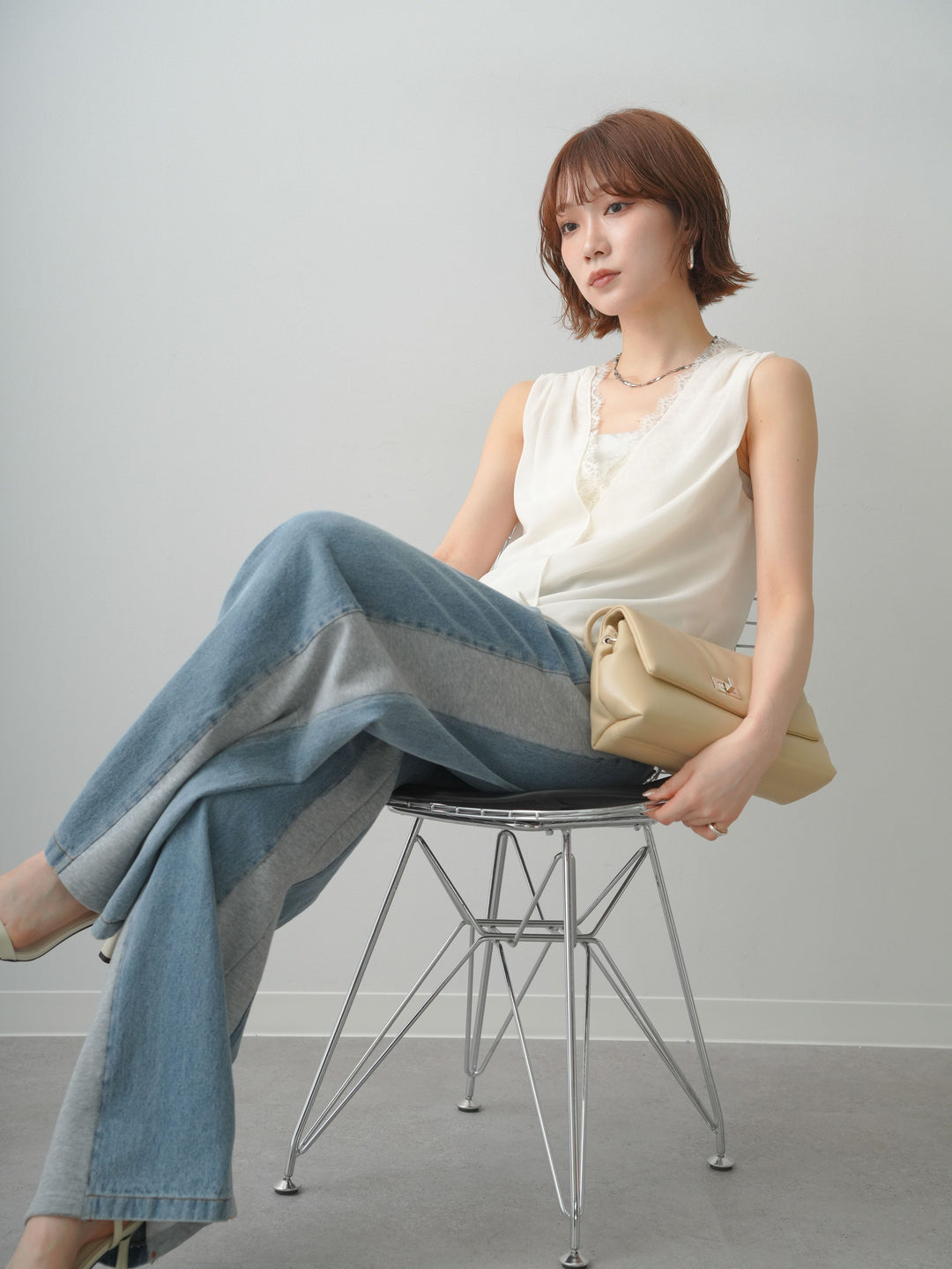 [SET]シフォンレースレイヤードノースリブラウス+選べるアクセセット(2set)