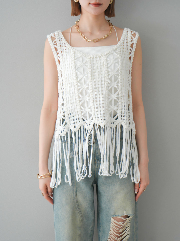 [予約]クロシェフリンジノースリーブトップス/アイボリー
