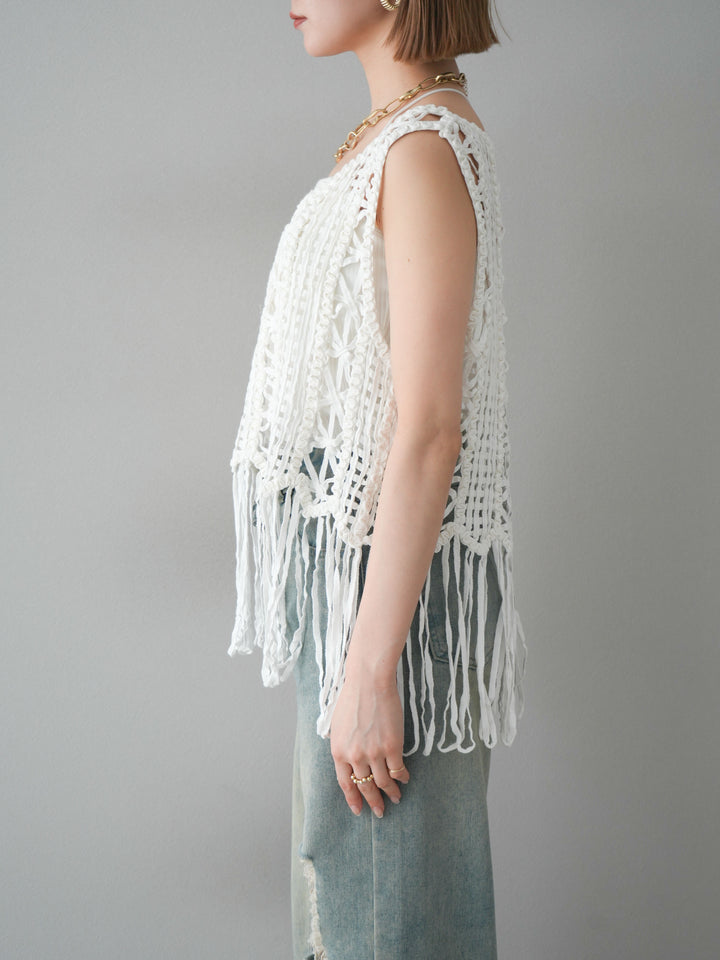 [予約]クロシェフリンジノースリーブトップス/アイボリー