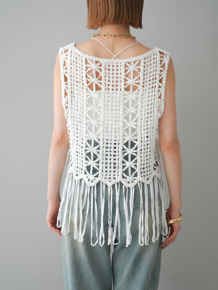 [予約]クロシェフリンジノースリーブトップス/アイボリー