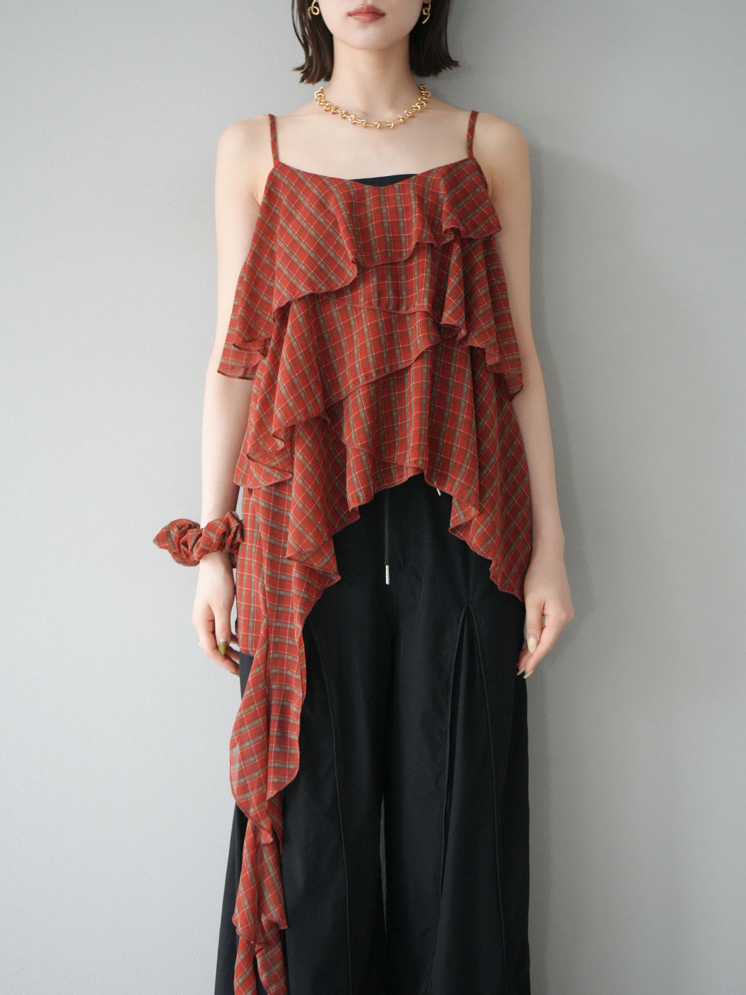 [予約]チェック柄ラッフルキャミソール/レッド