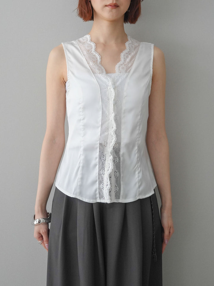 [予約]ノースリサテンレースキャミソール/white