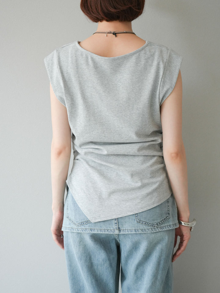 [予約]サイドギャザーTシャツ＆巾着レザーネックレスSET /グレー