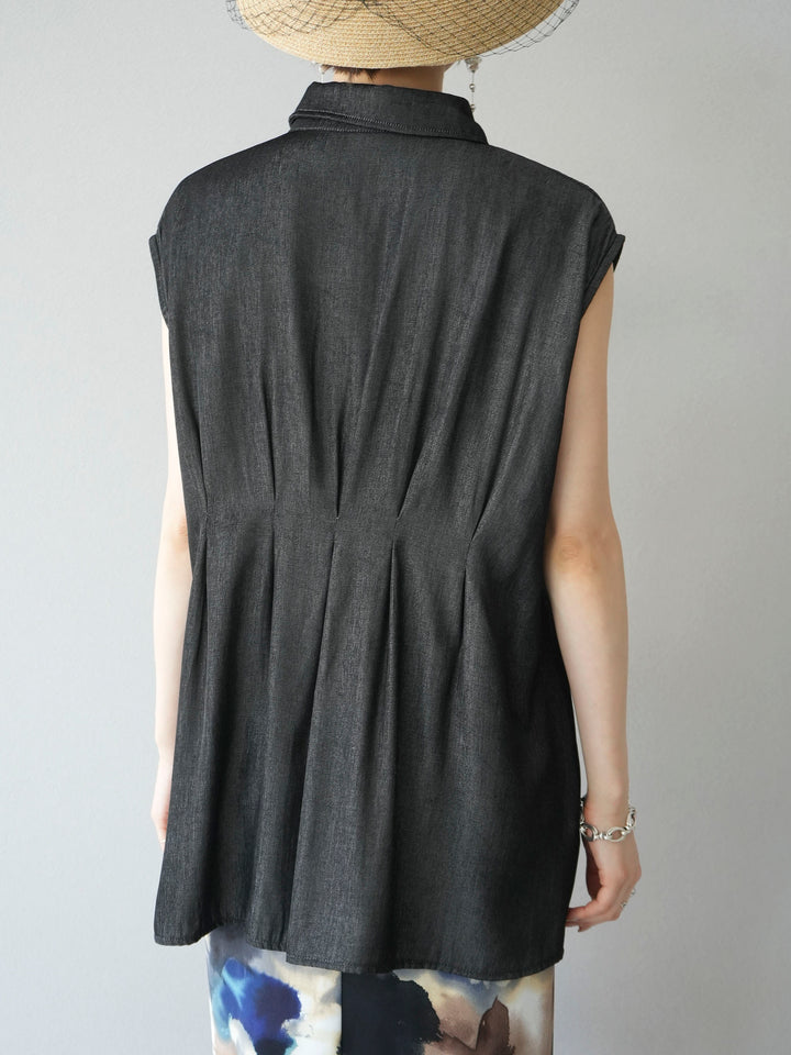 [Pre-order] Tencel denim waist tuck sleeveless blouse/black