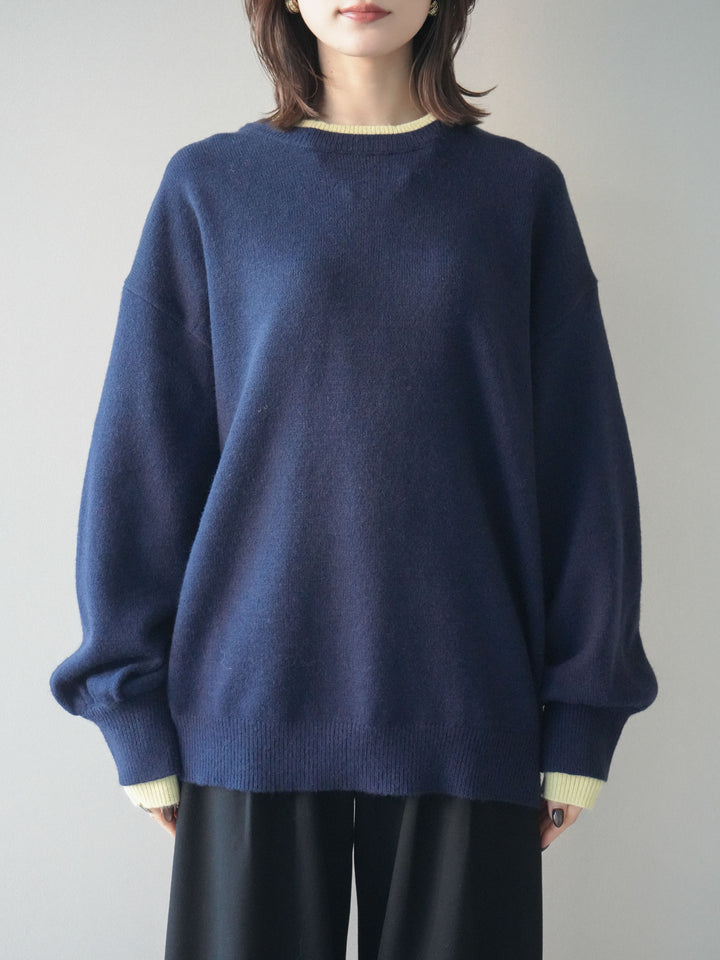 [予約]ヘンリーネック配色レイヤードニットプルオーバー/navy