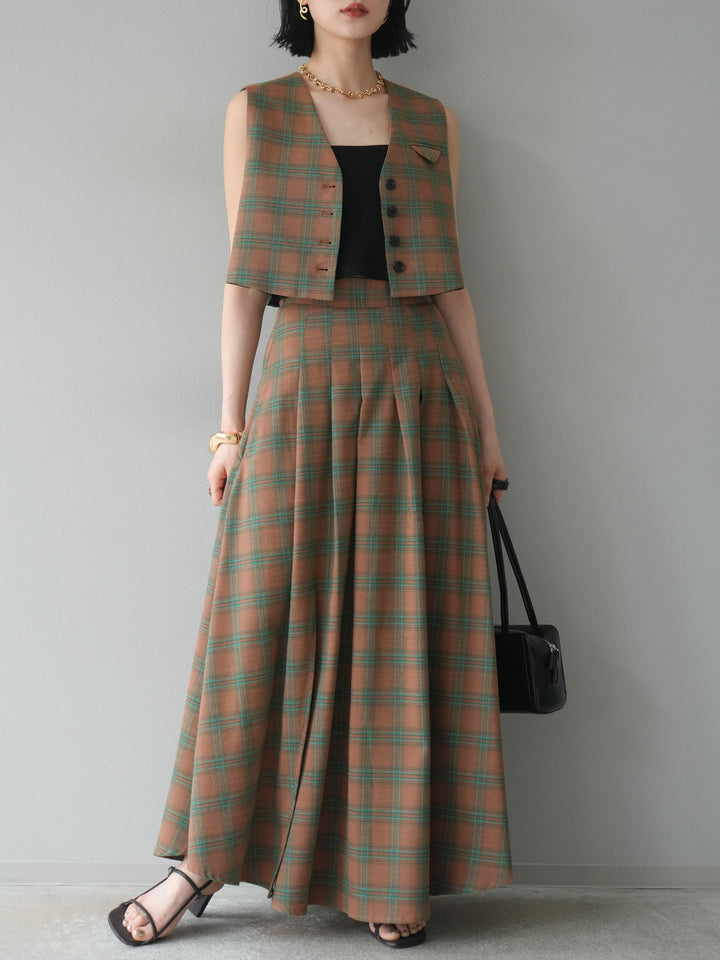 [SET]チェック柄ベスト＆フロントスリットタックスカートSET UP+カップ付テレコリブベアキャミソール(2set)