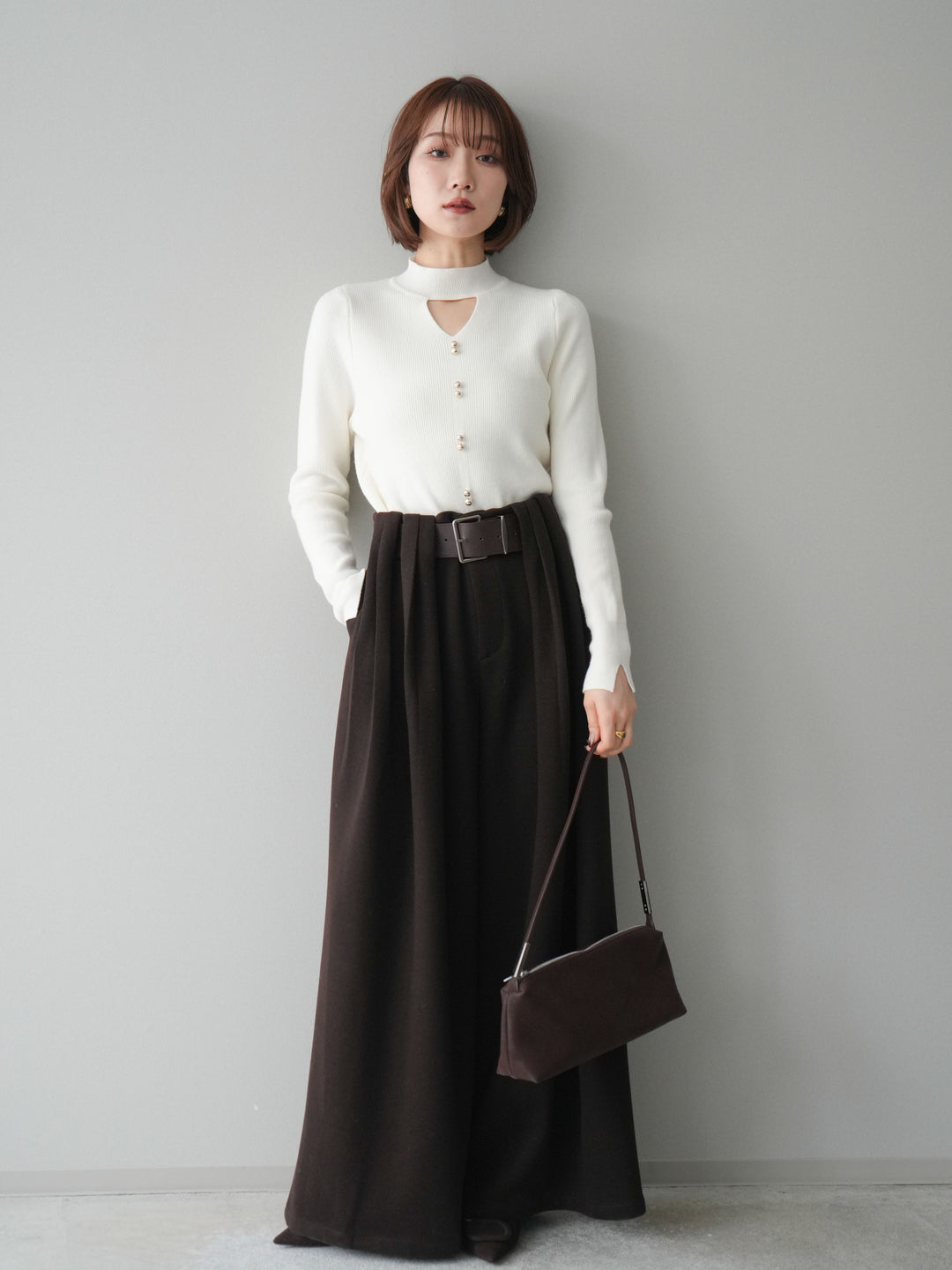 [予約]ベルトデザインループウールワイドパンツ(ベルト付)/brown