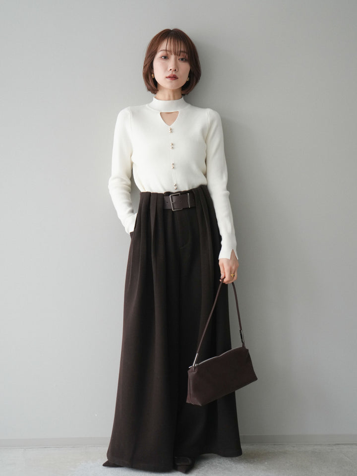 [予約]ベルトデザインループウールワイドパンツ(ベルト付)/brown