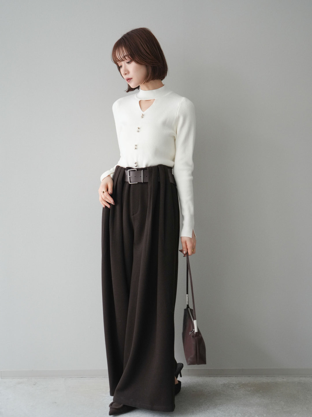 [予約]ベルトデザインループウールワイドパンツ(ベルト付)/brown