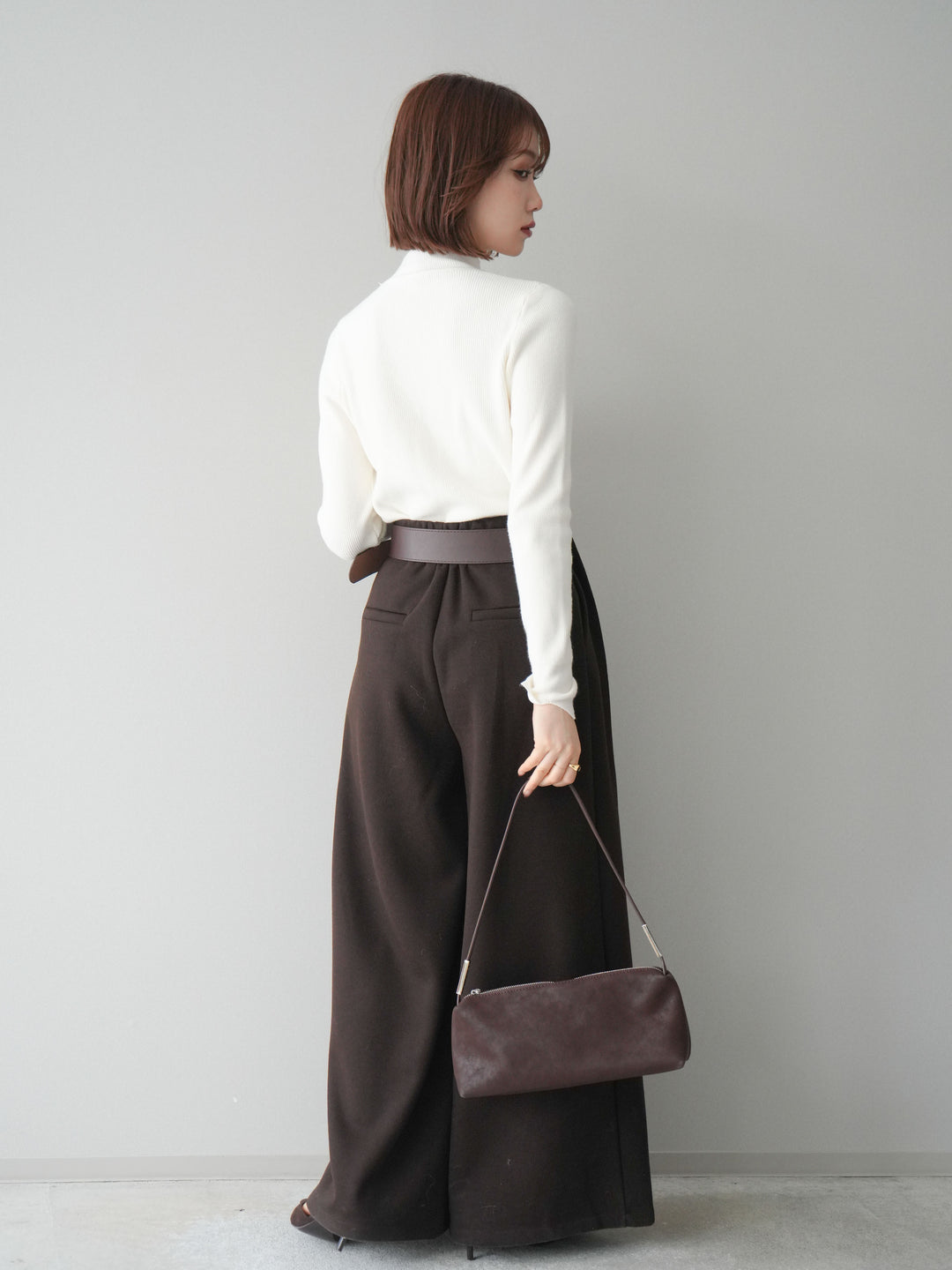 [予約]ベルトデザインループウールワイドパンツ(ベルト付)/brown