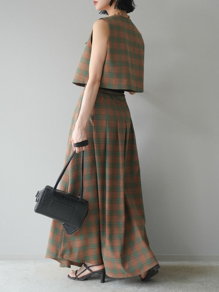 [SET]チェック柄ベスト＆フロントスリットタックスカートSET UP+カップ付テレコリブベアキャミソール(2set)