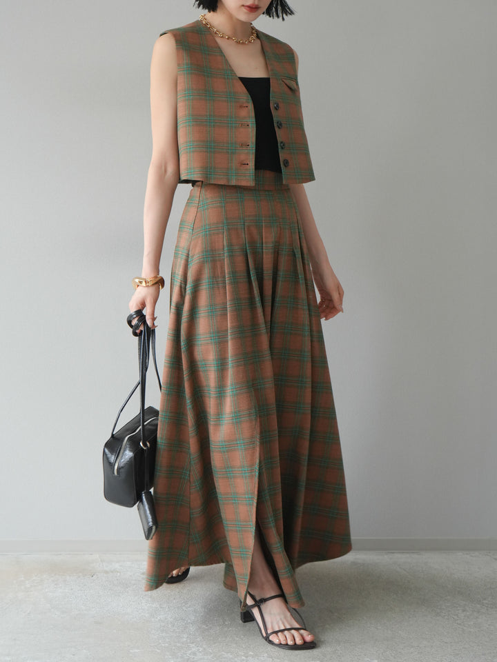 [SET]チェック柄ベスト＆フロントスリットタックスカートSET UP+カップ付テレコリブベアキャミソール(2set)