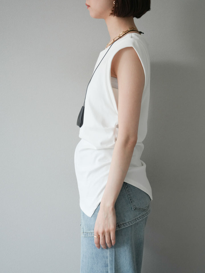 [予約]サイドギャザーTシャツ＆巾着レザーネックレスSET /ホワイト