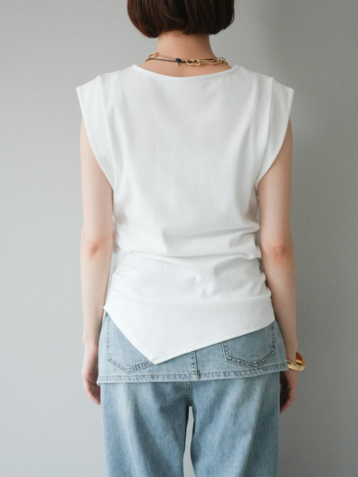 [予約]サイドギャザーTシャツ＆巾着レザーネックレスSET /ホワイト