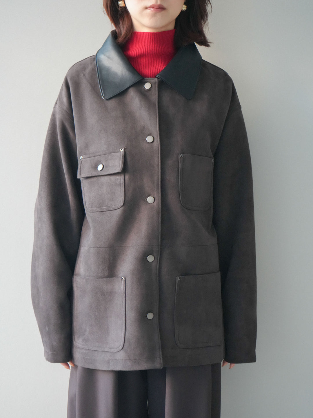 [予約]襟レザーステンカラースエードジャケット/brown