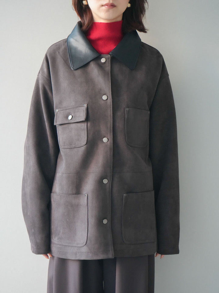 [予約]襟レザーステンカラースエードジャケット/brown