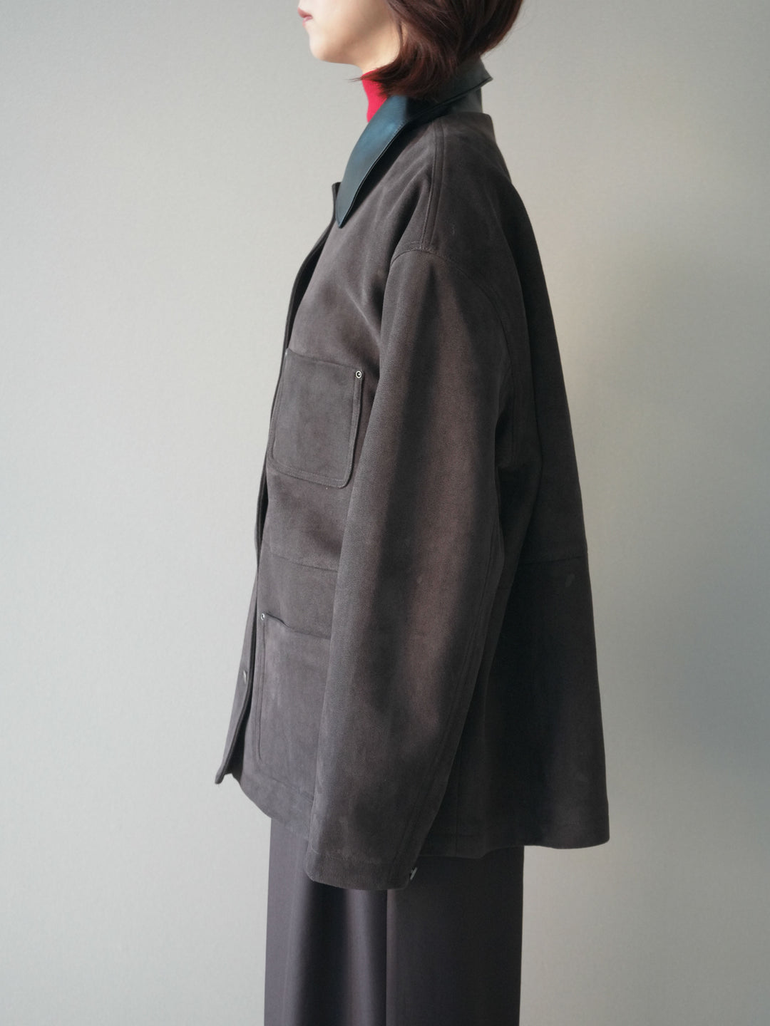 [予約]襟レザーステンカラースエードジャケット/brown