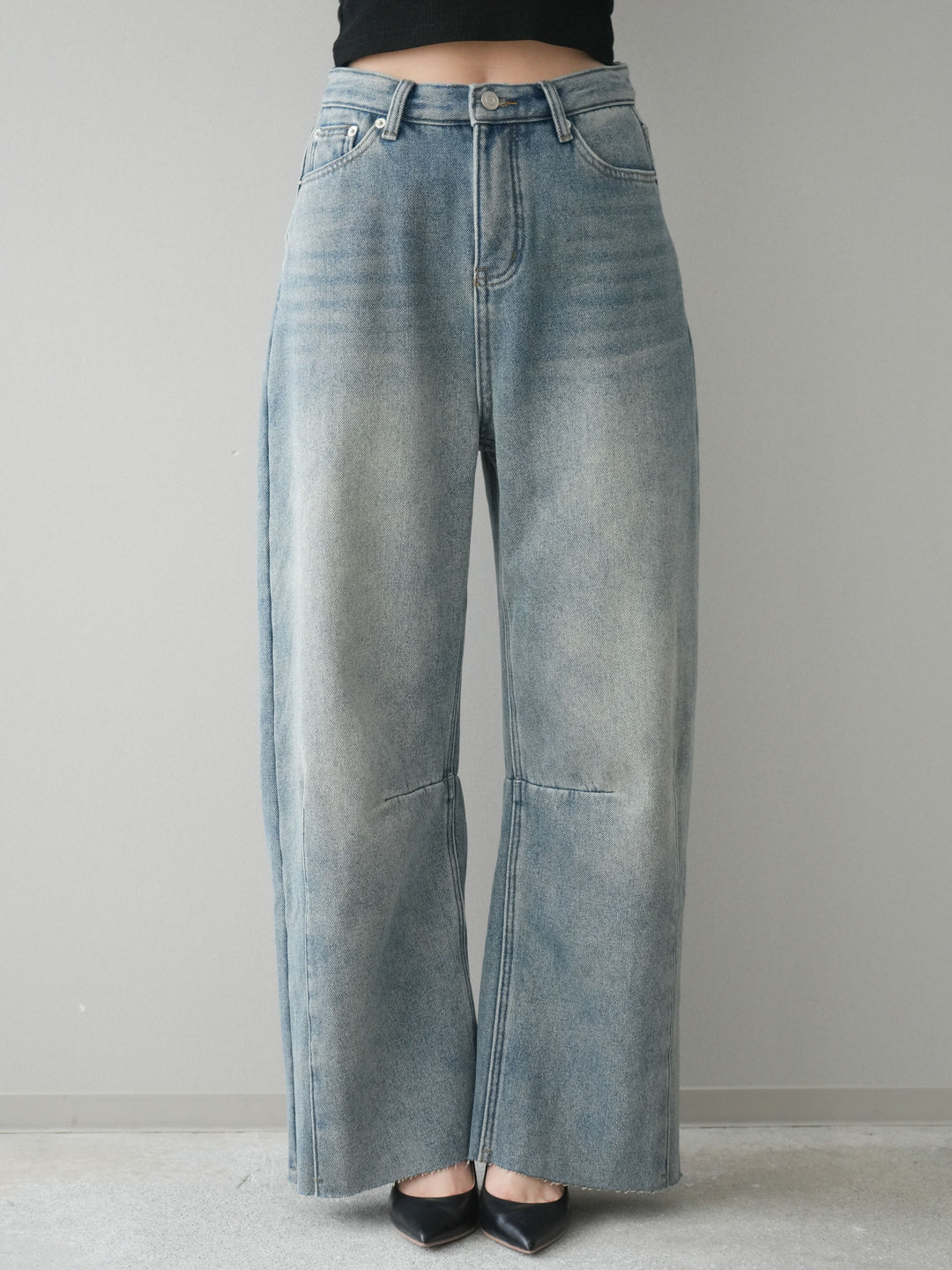 [予約]裏起毛カットオフカーブデニムパンツ/blue