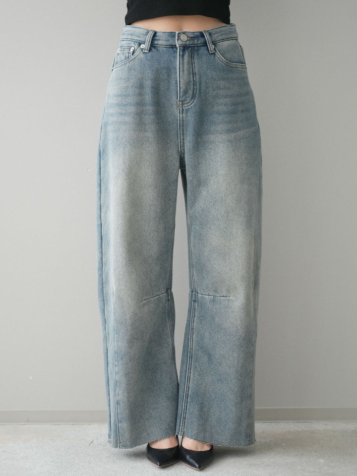 [予約]裏起毛カットオフカーブデニムパンツ/blue