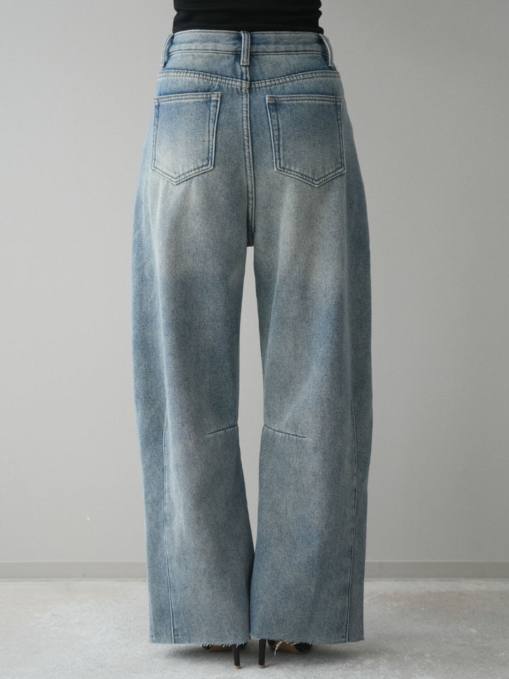 [予約]裏起毛カットオフカーブデニムパンツ/blue