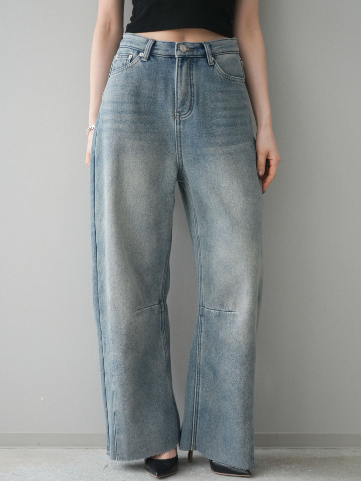 [予約]裏起毛カットオフカーブデニムパンツ/blue