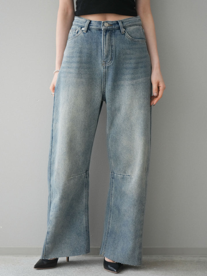 [予約]裏起毛カットオフカーブデニムパンツ/blue