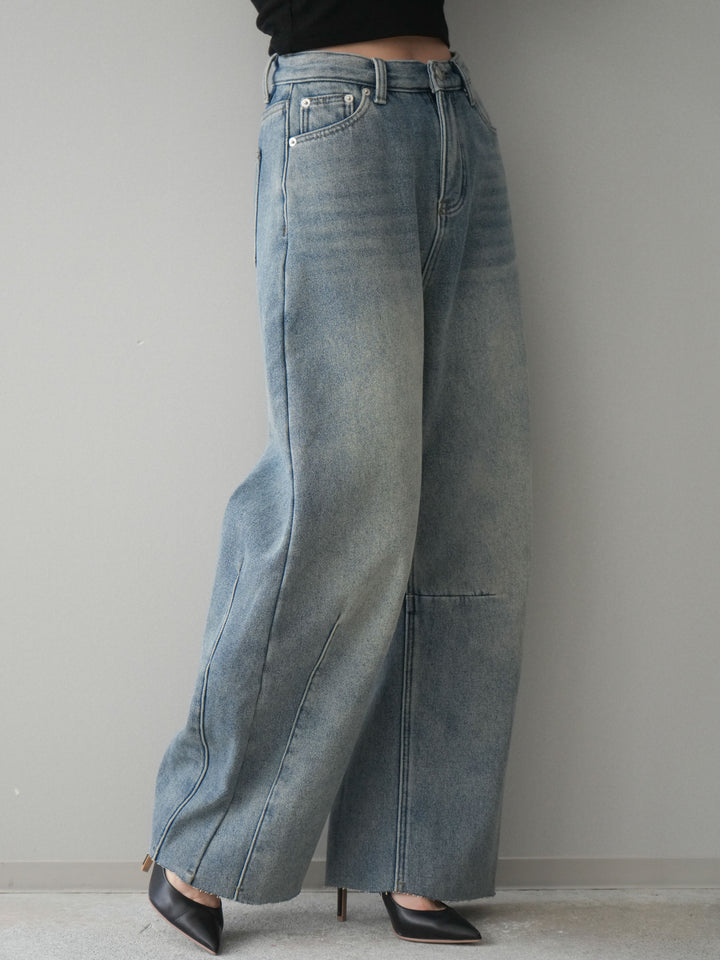 [予約]裏起毛カットオフカーブデニムパンツ/blue