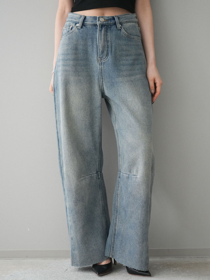 [予約]裏起毛カットオフカーブデニムパンツ/blue