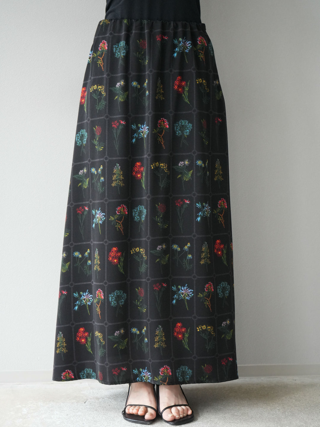 [予約]パッチワークフラワープリントフレアスカート/ブラック