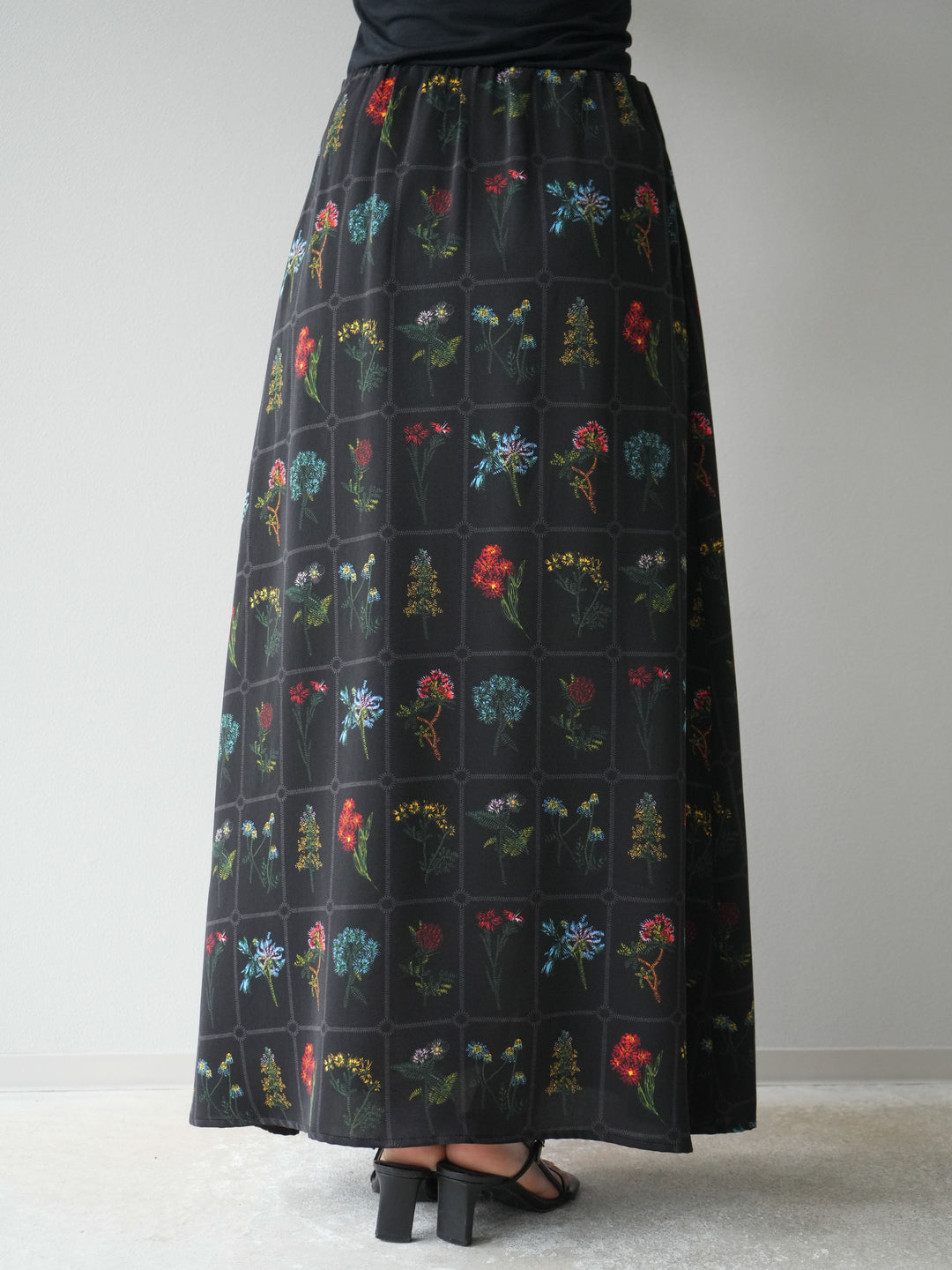 [予約]パッチワークフラワープリントフレアスカート/ブラック