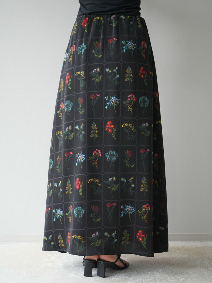 [予約]パッチワークフラワープリントフレアスカート/ブラック