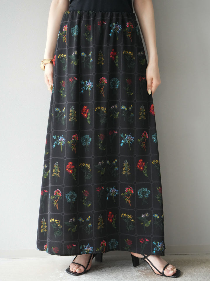 [予約]パッチワークフラワープリントフレアスカート/ブラック