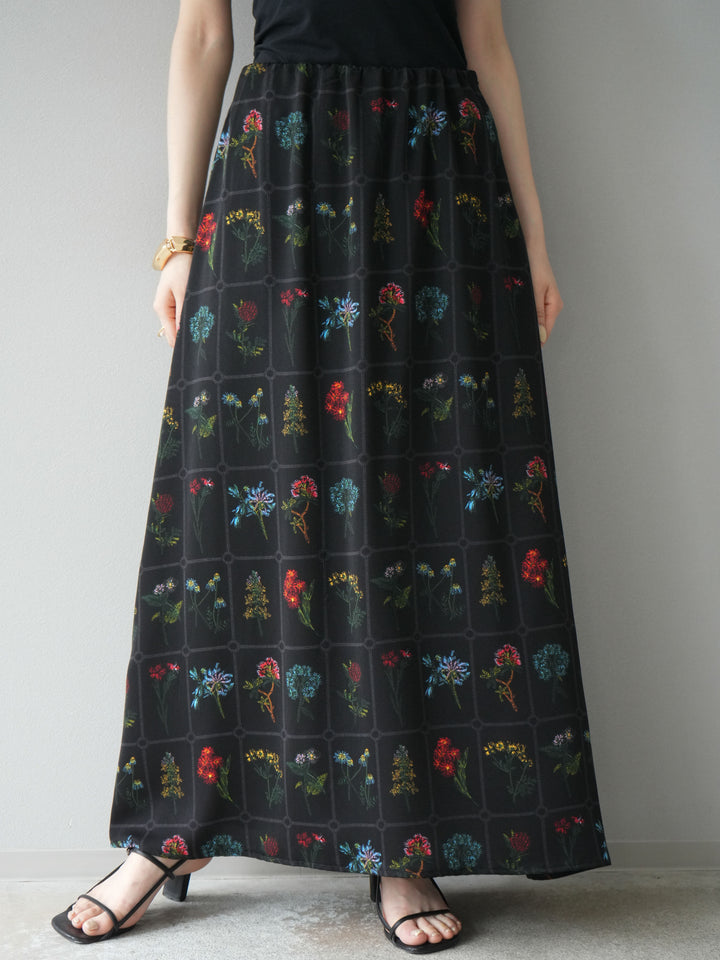 [予約]パッチワークフラワープリントフレアスカート/ブラック