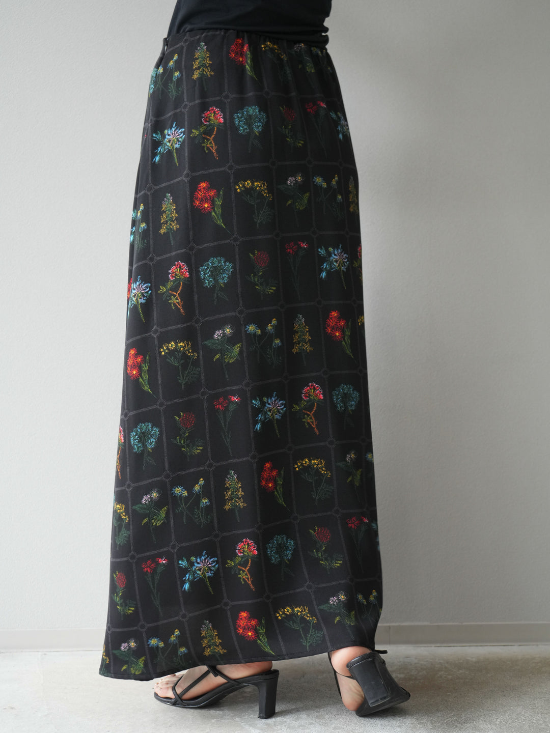 [予約]パッチワークフラワープリントフレアスカート/ブラック