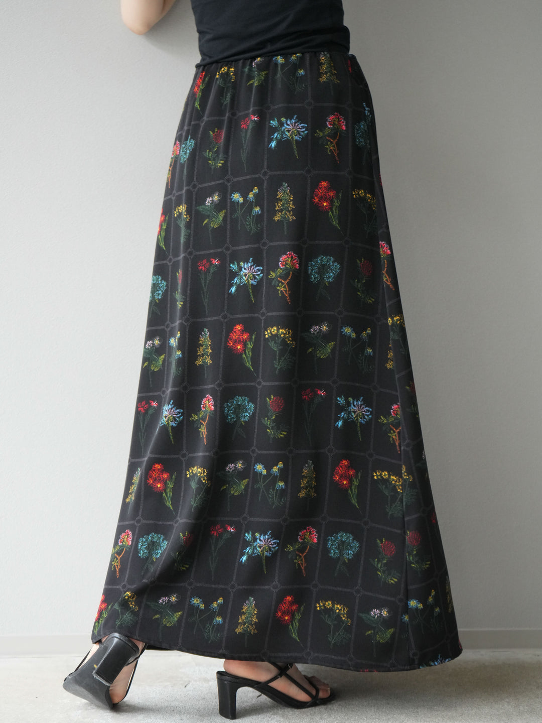 [予約]パッチワークフラワープリントフレアスカート/ブラック