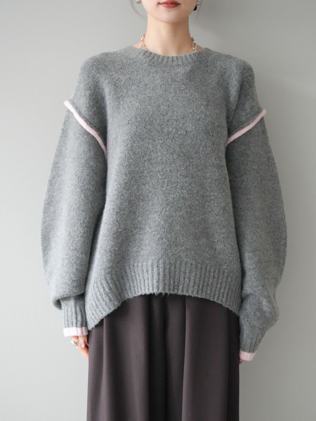 [予約]バイカラーパイピングニットプルオーバー/gray