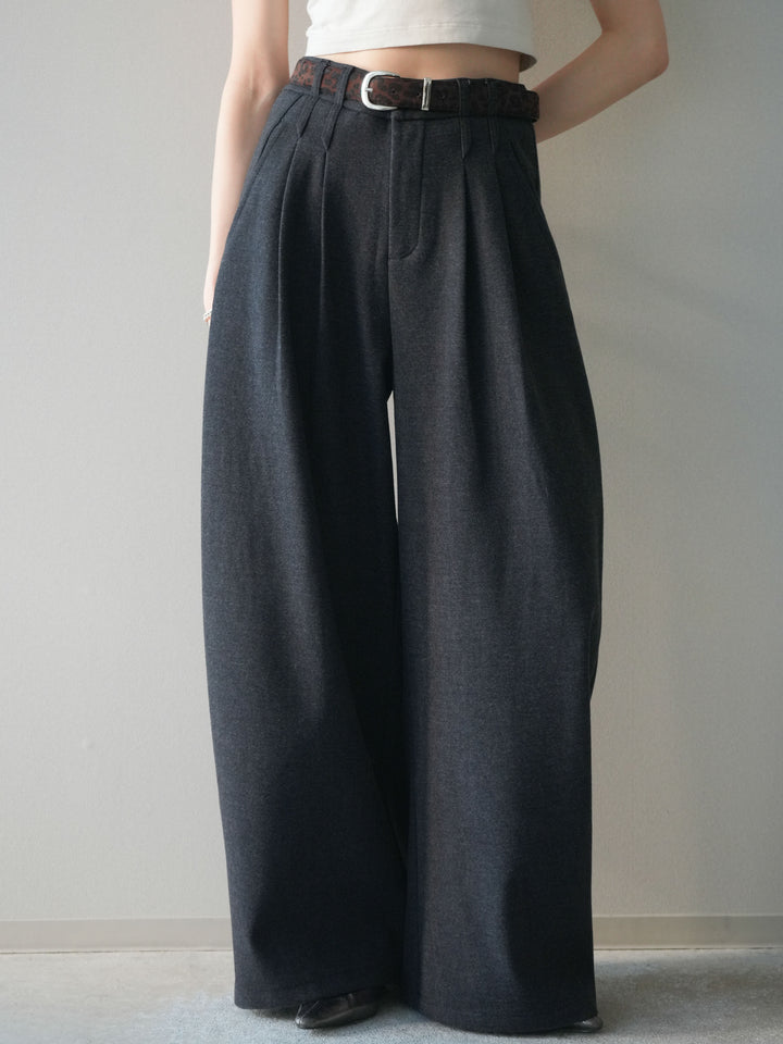 [予約]アニマル柄ベルト付きウールタッチワイドパンツ/charcoal