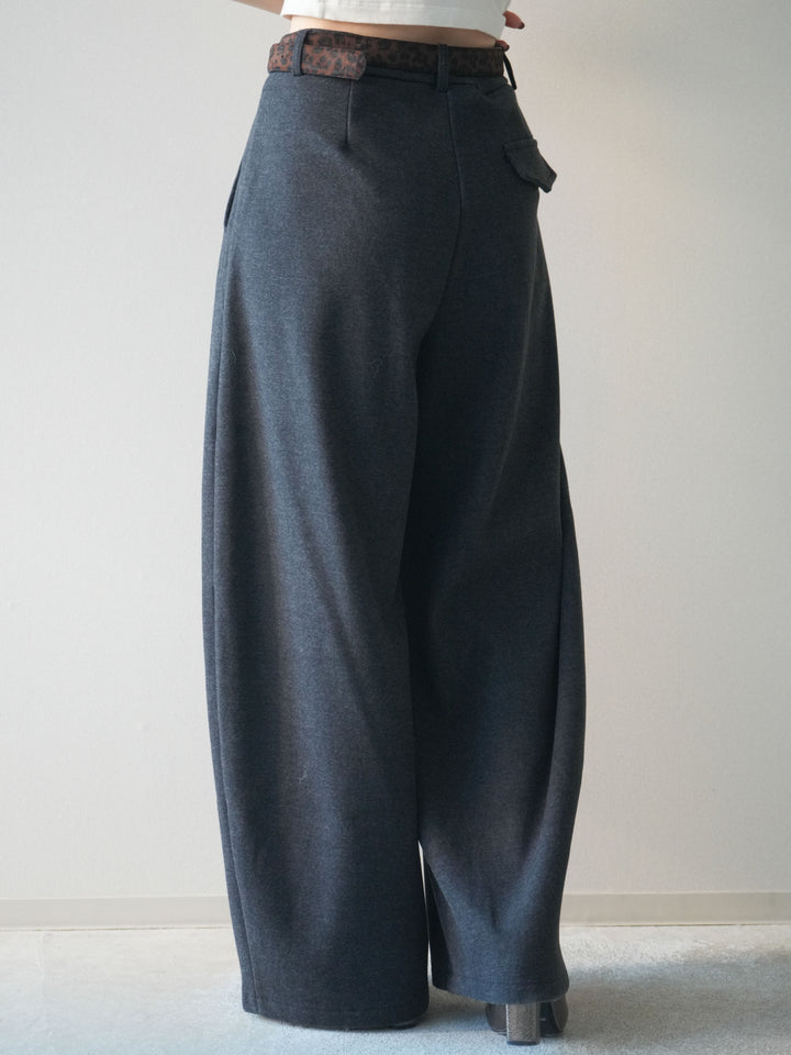 [予約]アニマル柄ベルト付きウールタッチワイドパンツ/charcoal