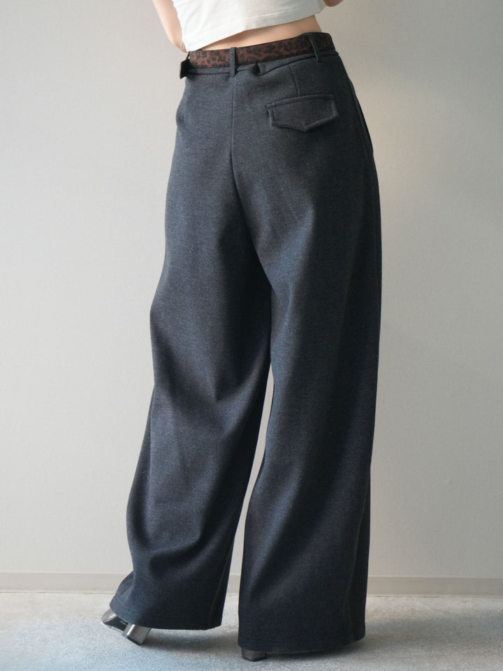[予約]アニマル柄ベルト付きウールタッチワイドパンツ/charcoal