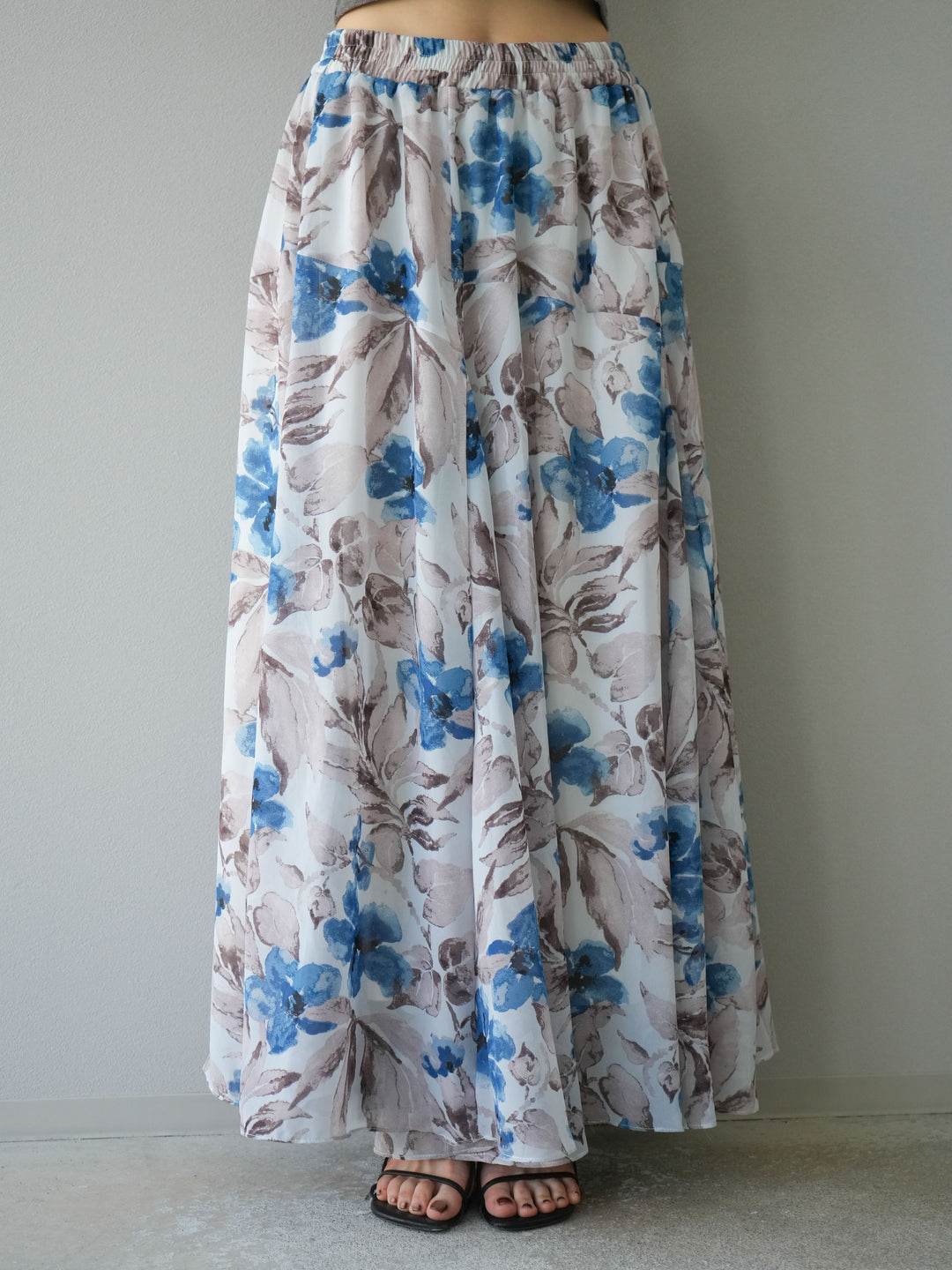 [予約]フラワープリントボリュームフレアスカート/ブルー