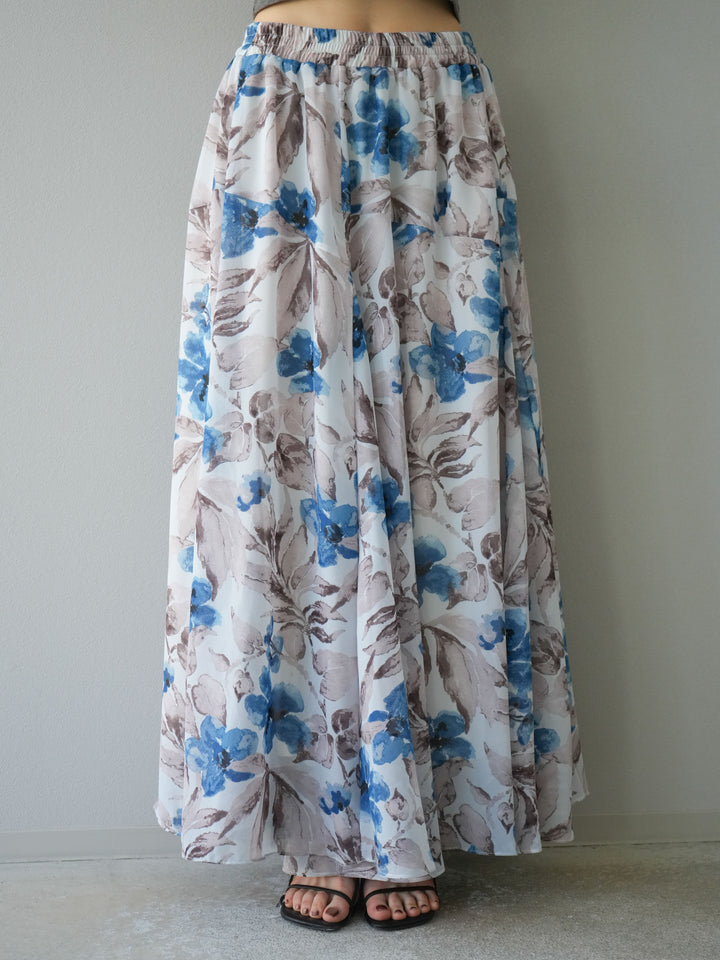 [予約]フラワープリントボリュームフレアスカート/ブルー