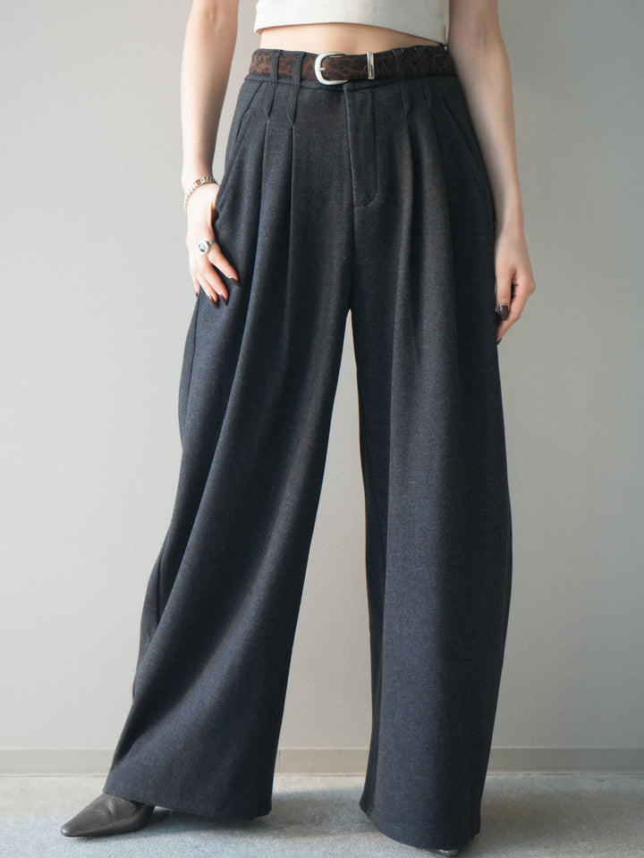 [予約]アニマル柄ベルト付きウールタッチワイドパンツ/charcoal
