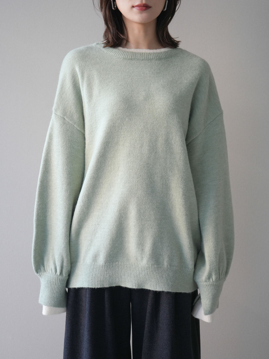 [予約]ヘンリーネック配色レイヤードニットプルオーバー/mint