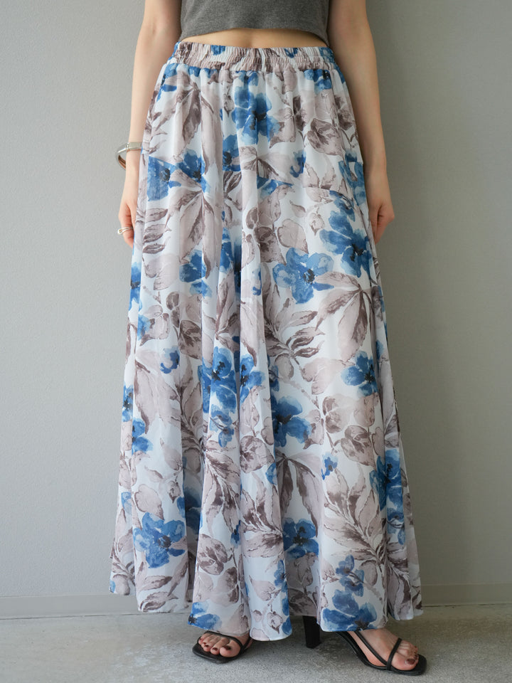[予約]フラワープリントボリュームフレアスカート/ブルー