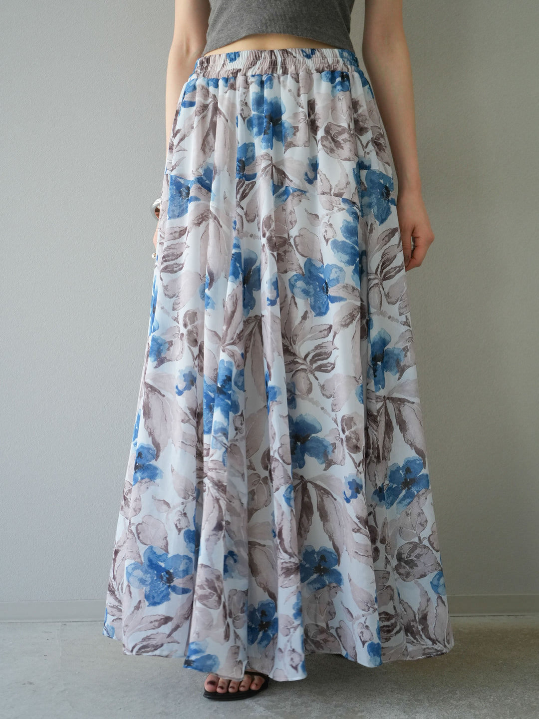 [予約]フラワープリントボリュームフレアスカート/ブルー